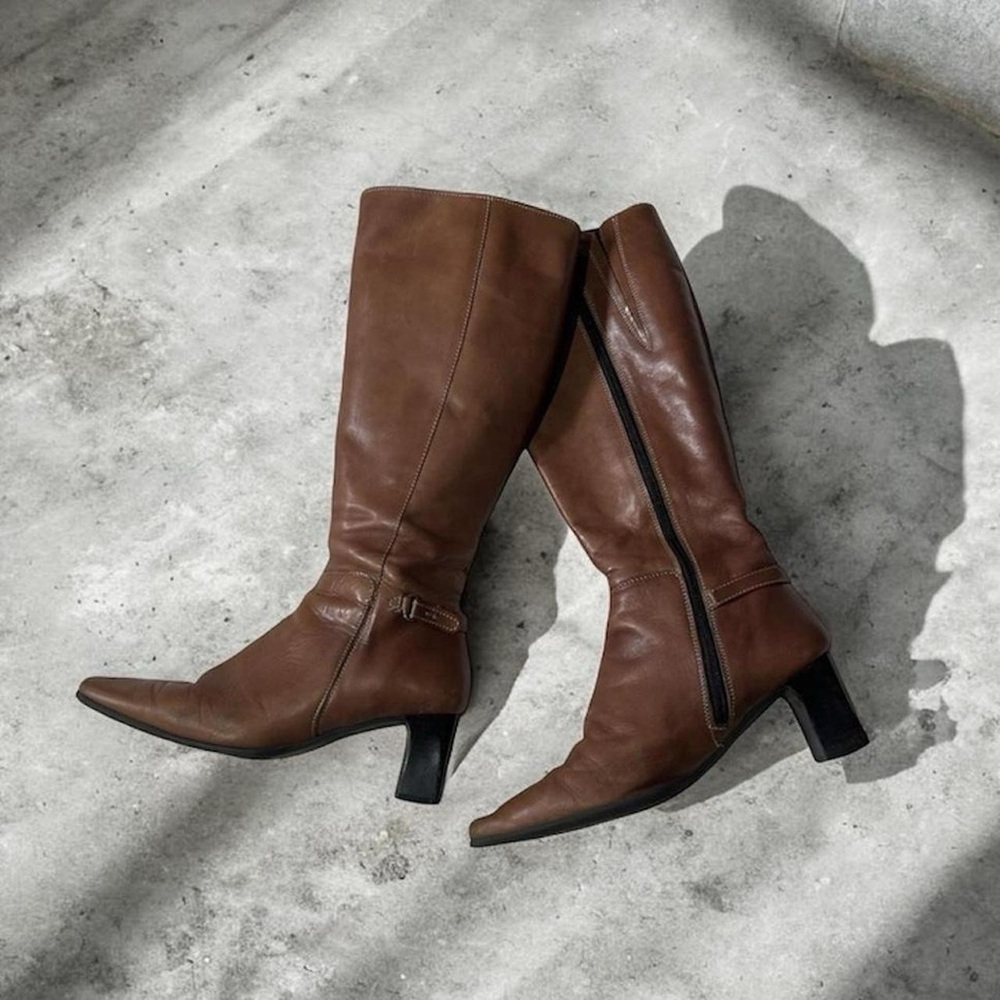 Classic Brown Leather Knee-High Heeled Boots
